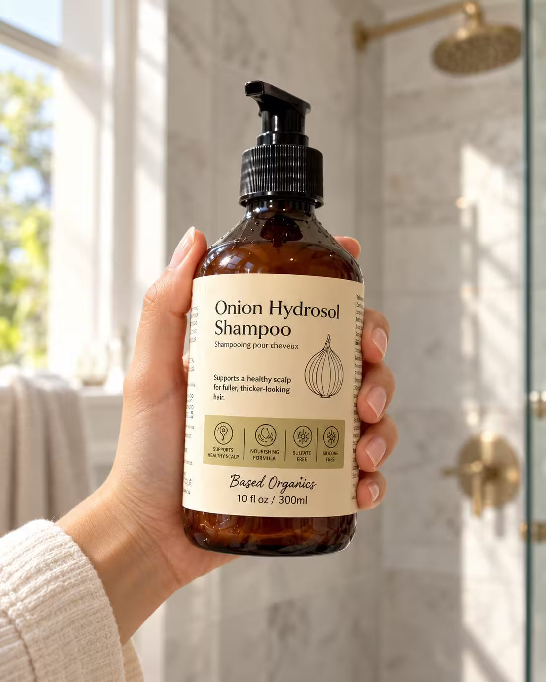 Shampoo con hidrolato de cebolla en la mano