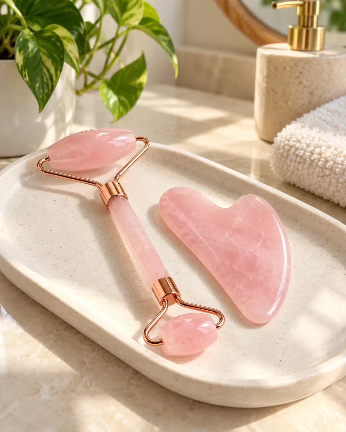Set de rodillo y gua sha de cuarzo rosa